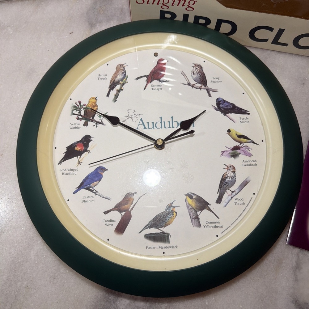 National Audubon Society Quartz Singing Bird Wall Clock Green Frame NIB OLA008